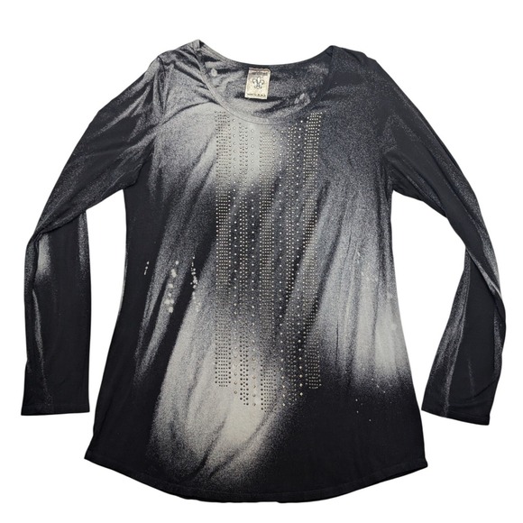 Vocal Tops - Vocal Long Sleeve Top Womens‎ L Black Acid Wash Rhinestone Edgy Boho